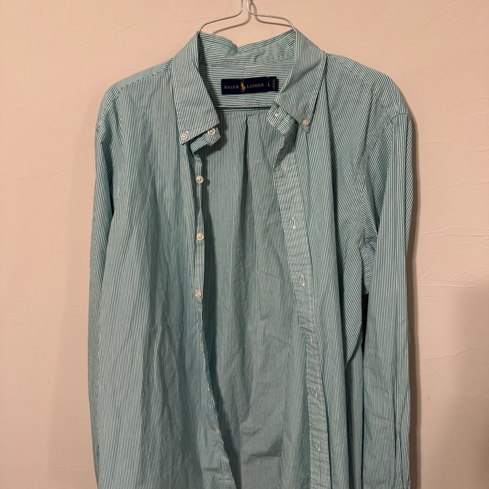Vintage Ralph Lauren Mens Large Button Down Shirt Green White Stripe Classic Fit